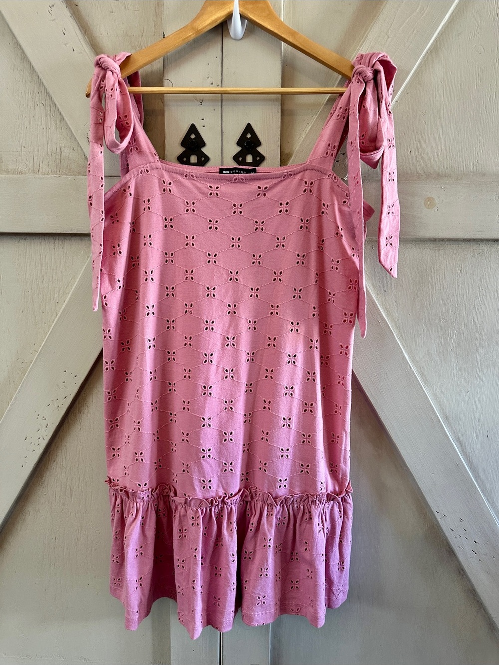 ASOS DESIGN Tall Pink Eyelet Tie Strap Mini Dress Size US 6 UK 10